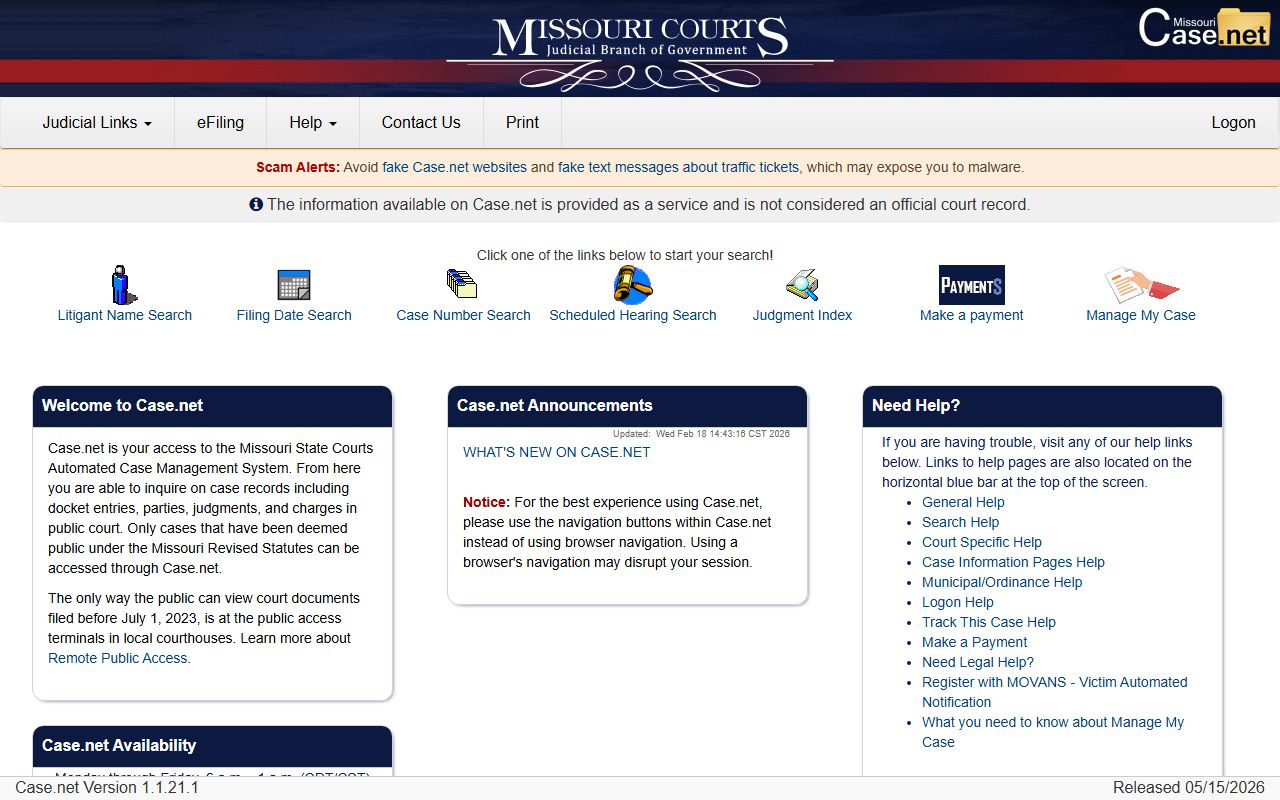 Knox County court records Case.net welcome search page
