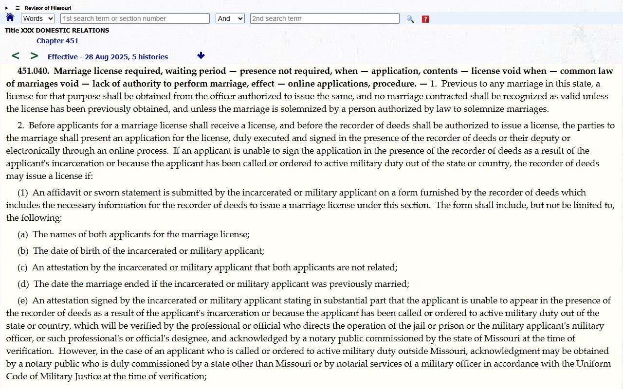 Knox County marriage records Missouri marriage license statute
