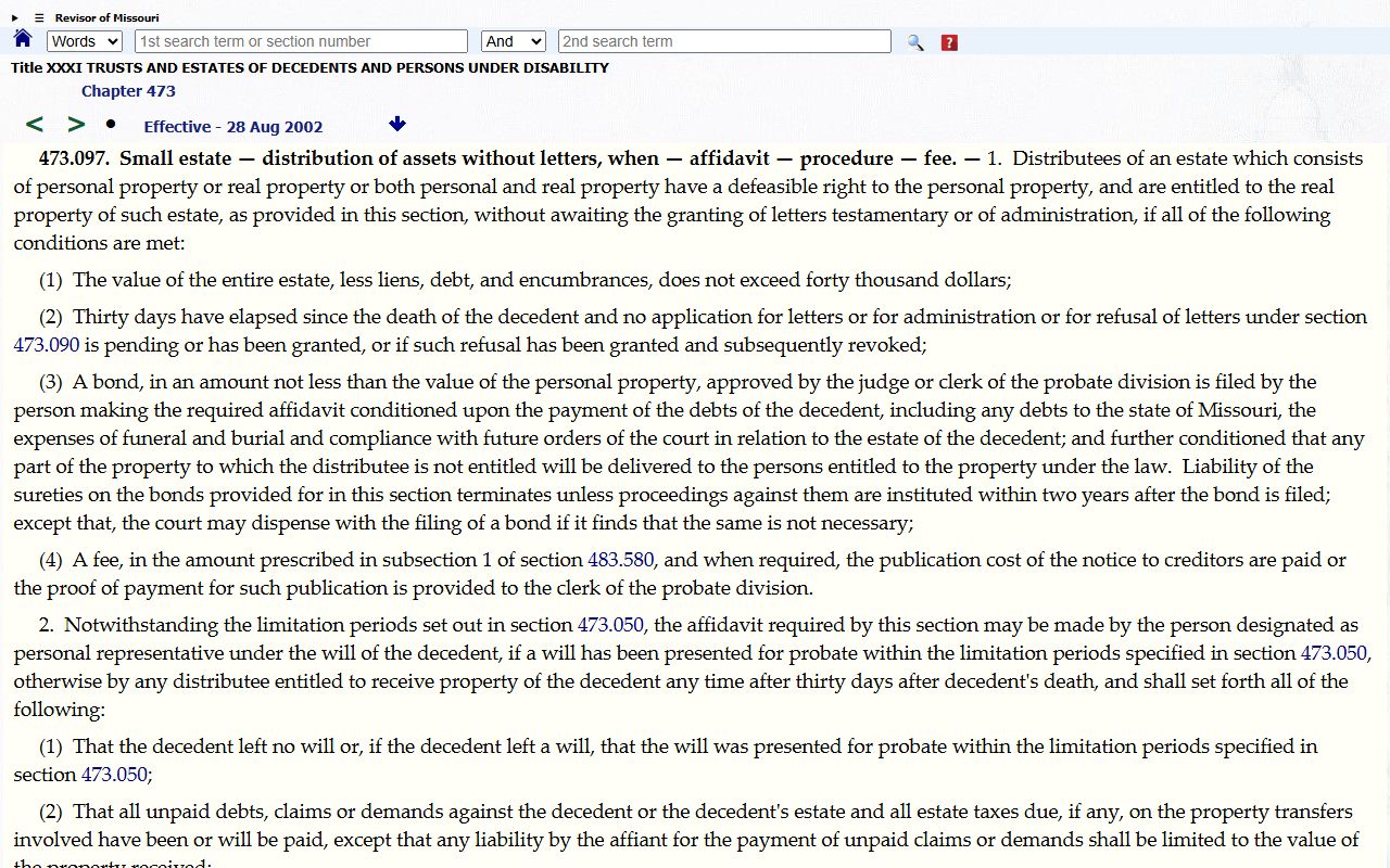 Knox County probate records Missouri small estate statute